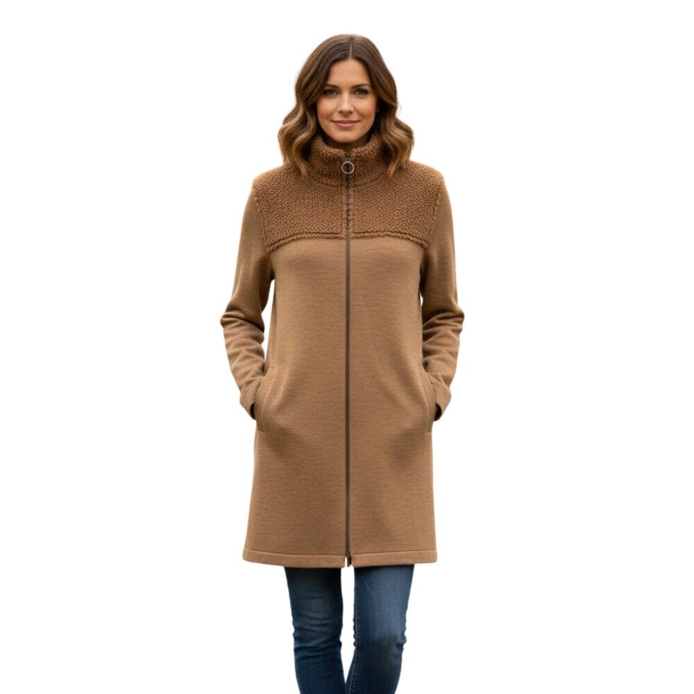 Akris Punto 100% Wool Sherpa Knit Stand Collar Cardigan Camel US 10 Faux Fur Tan